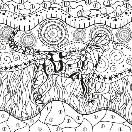 Abstract eastern pattern. Square ornate wallpaper with dog. Hand drawn waved ornaments on white. Intricate patterns on isolated background. Design for spiritual relaxation for adults. Line artのイラスト素材