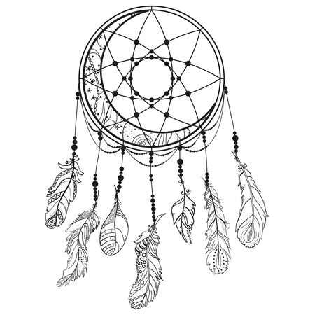 Dreamcatcher. Feathers. Abstract mystic symbol. Design for spiritual relaxation for adults. Line art creation. Black and white illustration for coloringのイラスト素材