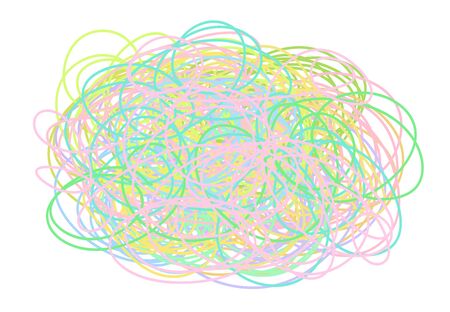 Multicolored tangled shape on white. Chaos pattern. Scribble sketch. Colorful background with array of lines. Intricate chaotic texture. Print for banners, posters and shirtsのイラスト素材