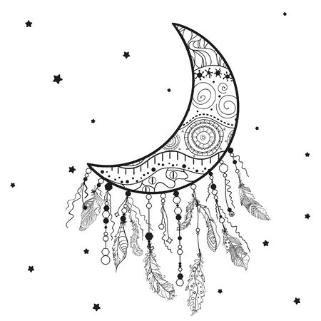 Dreamcatcher. Abstract mystic symbol. Design for spiritual relaxation for adults. Line art creation. Black and white illustration for coloringのイラスト素材