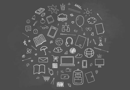 Back to school. Set of different signs. Abstract blackboard. Sketchy background with hand drawn school supplies. Banner designのイラスト素材