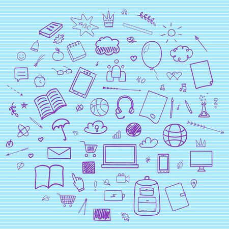 Back to school. Abstract line pattern with school supplies. Graphic stripe paper background. Striped abstract texture. Hand drawn line backdrop. Education conceptのイラスト素材