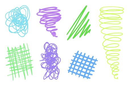 Sketchy hatching elements for design. Backgrounds with array of lines. Intricate chaotic textures on white. Abstract samples. Hand drawn tangled patterns. Colorful illustrationのイラスト素材