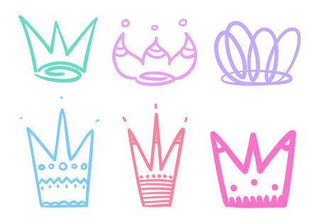 Colorful abstract crowns on isolated white background. Hand drawn symbols for design. Sketchy elementsのイラスト素材