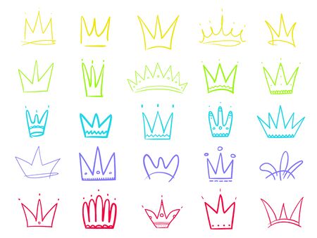 Colorful crowns on white. Hand drawn simple objects. Line art. Outline elements for your designのイラスト素材