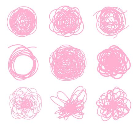 Colored sketchy shapes on white. Scribble colorful backgrounds with array of lines. Chaotic textures. Line art creationのイラスト素材