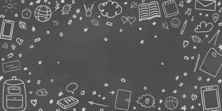 Back to school. Abstract blackboard. Background with school supplies. Elements are drawn in a linear styleのイラスト素材