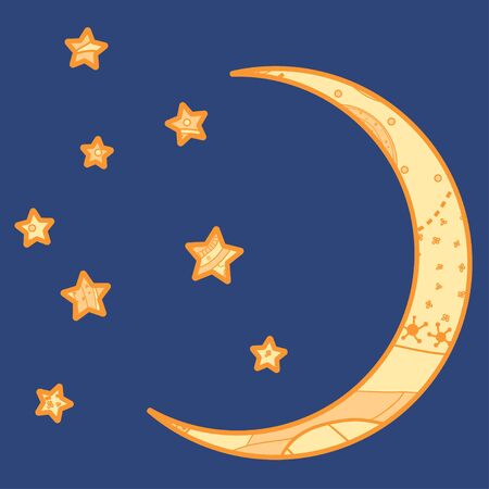 Crescent moon. Abstract moon and stars with ornate patterns on isolation background. Design for spiritual relaxation for adultsのイラスト素材
