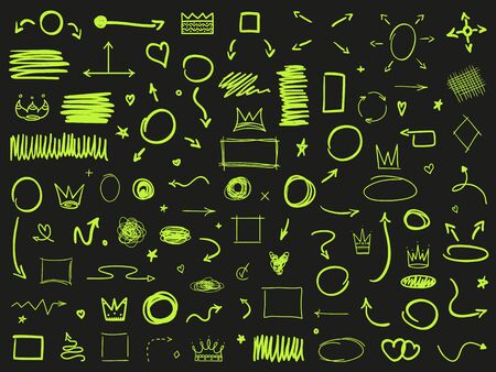 Hand drawn infographic elements on black. Abstract neon signs and symbols. Doodles for banners, posters and flyersのイラスト素材