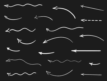 Arrow on isolated black background. Hand drawn wavy arrows. Set of different pointers. Black and white illustrationのイラスト素材