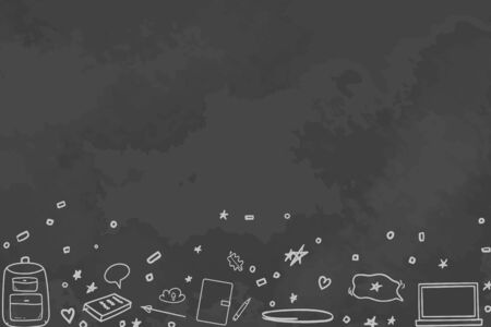 Back to school. Abstract blackboard. Background with hand drawn school supplies. Black and white illustrationのイラスト素材