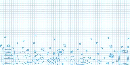 Abstract colored pattern with school supplies. Graphic paper background. Checkered texture. Back to schoolのイラスト素材