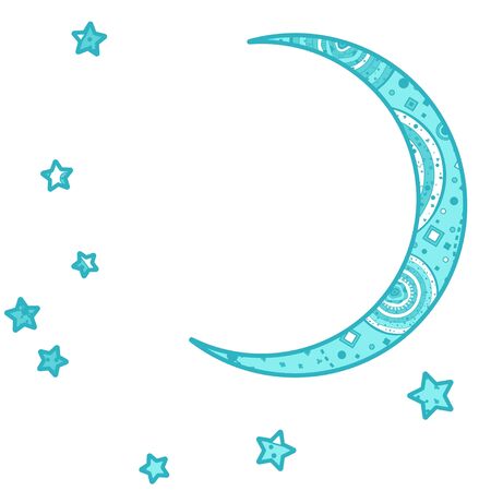 Colorful crescent moon on white. Ornate moon and stars with abstract patterns on isolation backgroundのイラスト素材
