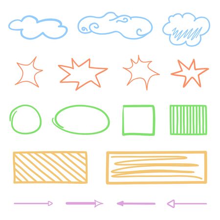 Infographic elements isolated on white. Colored geometric shapes. Abstract shapes and signs. Hand drawn set. Sketchy elementsのイラスト素材