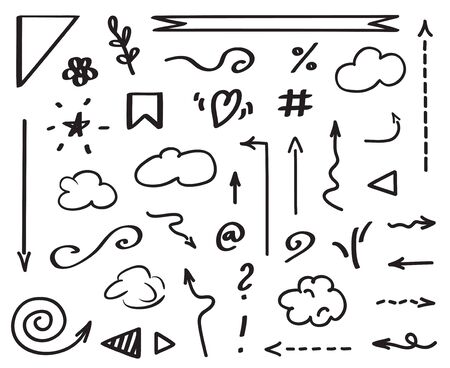 Infographic elements on isolated white background. Hand drawn abstract arrows. Set of different pointers. Black and white illustrationのイラスト素材