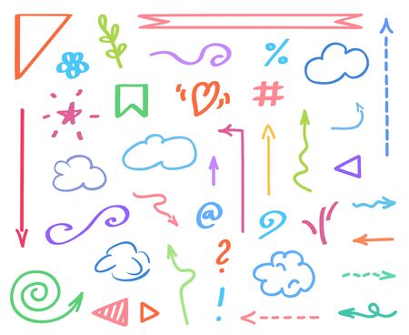 Colored infographic elements isolated on white. Set of different indicator signs. Abstract arrows. Symbols for designのイラスト素材