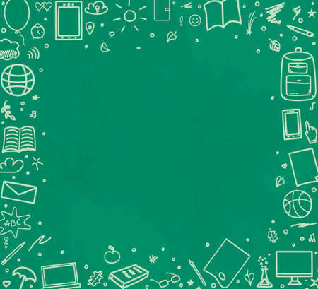 Back to school. Abstract blackboard. Sketchy background with hand drawn school supplies. Banner designのイラスト素材