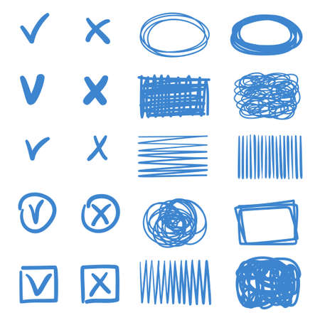 Colored signs. Hatching geometric shapes with array of lines on white. Hand drawn tangled patterns. Sketchy elements for designのイラスト素材