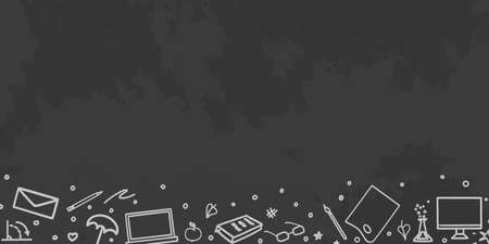 Back to school. Abstract background with school supplies. Elements are drawn in a linear style. Black and white illustrationのイラスト素材