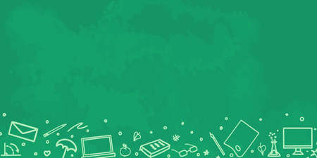 Back to school. Colored background with hand drawn school supplies. Elements are drawn in a linear styleのイラスト素材