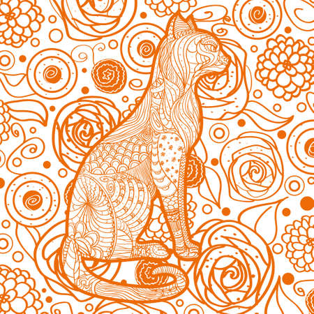 Square pattern on white. Ornate cat. Hand drawn animal with abstract patternsのイラスト素材