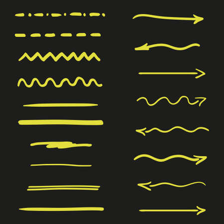 Abstract neon elements on isolated black background. Underlines and arrows. Hand drawn signs for designのイラスト素材