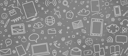 Back to school. Background with hand drawn school supplies. Black and white illustration