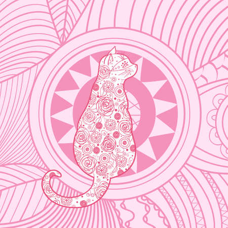 Square pattern with cat. Hand drawn animal with abstract patternsのイラスト素材