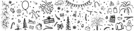 Holiday background. Hand drawn christmas elements. Abstract holiday signs and objects. Happy New...