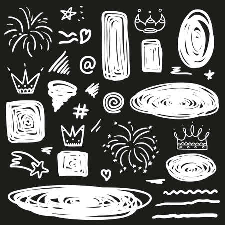 White signs and symbols on isolated black background. Abstract shapes. Hand drawn elements. Black and white illustrationのイラスト素材