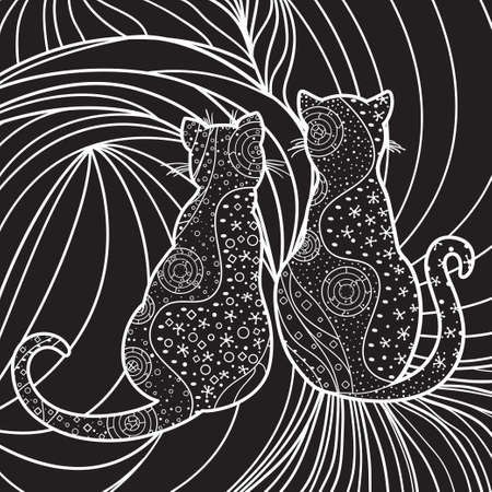 Square intricate background. Hand drawn pattern with cats. Design for spiritual relaxation for adults. Black and white illustrationのイラスト素材