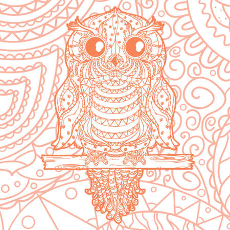Square intricate pattern. Hand drawn owl. Design for spiritual relaxation for adultsのイラスト素材