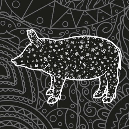 Square intricate pattern. Monochrome wallpaper with patterned pig. Hand drawn patterns. Black and white illustrationのイラスト素材