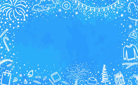 Holiday xmas banner. Hand drawn background. Flakes of snow. Christmas snowy pattern. Happy New Yearのイラスト素材