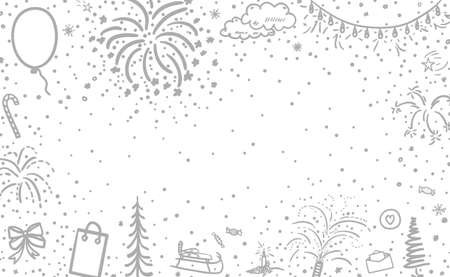 Festive background. Hand drawn christmas elements. Abstract holiday signs and objects. Freehand art. Black and white illustrationのイラスト素材