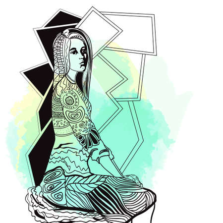 girl. Hand drawn girl with abstract patterns on isolation background. Design for spiritual relaxation for adultsのイラスト素材