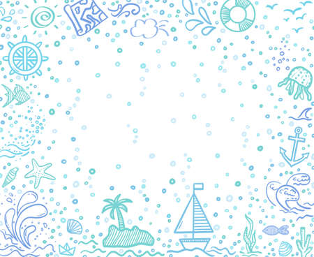 Hand drawn colored frame. Line holiday elements on white. Colorful sketchy doodles. Summer holidays. Freehand signs and symbolsのイラスト素材