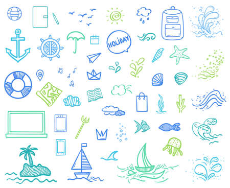 Hand drawn colored holiday elements. Colorful sketchy doodles. Summer holidays. Freehand signs and symbolsのイラスト素材