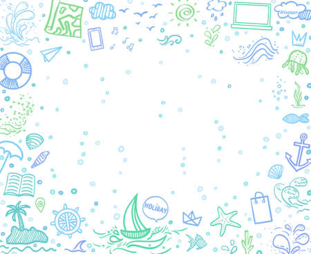 Hand drawn colored frame. Line holiday elements. Colorful sketchy doodles. Summer holidays. Freehand signs and symbolsのイラスト素材