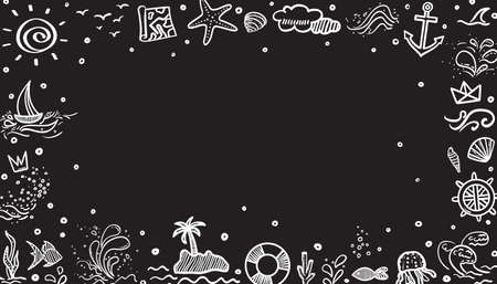 Hand drawn holiday elements in framed background. Summer relax. Freehand frame. Signs and symbols. Black and white illustrationのイラスト素材