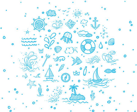 Hand drawn holiday elements. Summer holidays. Freehand signs and symbols. Banner designのイラスト素材
