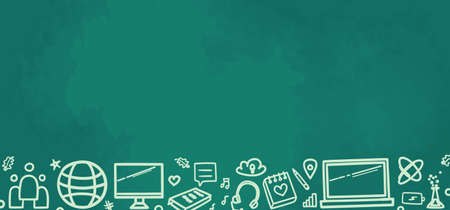 Abstract blackboard. Sketchy background with hand drawn school supplies. Freehand drawing. Banner design. Welcome back to school. Abstract education illustrationのイラスト素材