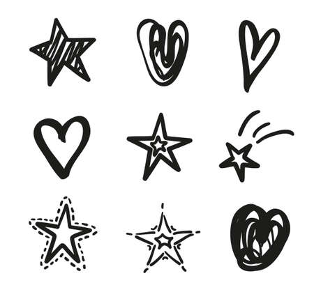 Hand drawn black stars on isolated white background. Black and white illustrationのイラスト素材