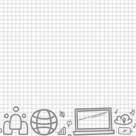 School education. Checkered grid. Hand drawn stationery. Freehand elements. Education concept. Black and white illustrationのイラスト素材