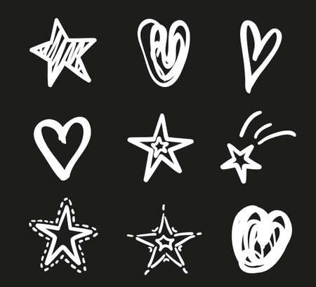 Hand drawn white stars and hearts on isolated black background. Freehand art. Black and white illustrationのイラスト素材