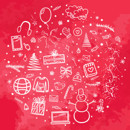 Hand drawn christmas background. Freehand art. Sketchy background with holiday elements. Winter holidays. Happy New Year. Colored illustrationのイラスト素材