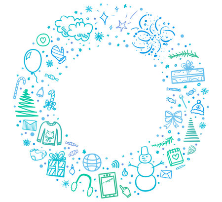 Hand drawn christmas frame. Freehand background. Sketchy xmas banner with holiday elements. Winter holidays. Happy New Year. Colored illustrationのイラスト素材