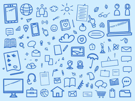 Education. Set of different signs and symbols. Abstract sketchy background with hand drawn school supplies. Technology concept. Freehand drawing. Banner designのイラスト素材