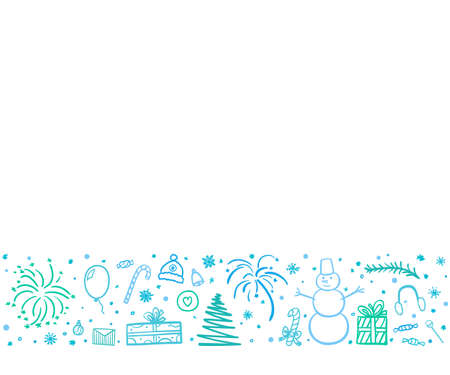 Hand drawn christmas symbols. Freehand background. Sketchy xmas banner with holiday elements. Winter holidays. Happy New Year. Colored illustrationのイラスト素材