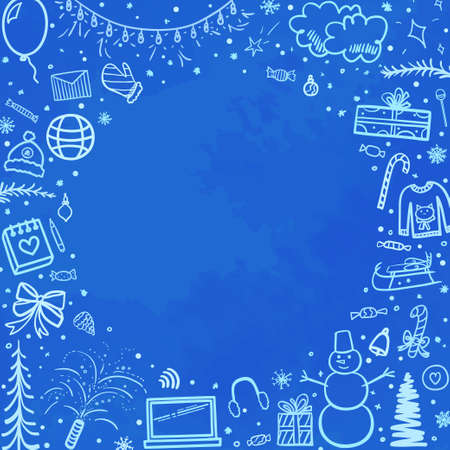Holiday xmas banner. Hand drawn background. Christmas snowy pattern. Happy New Year. Colored illustrationのイラスト素材